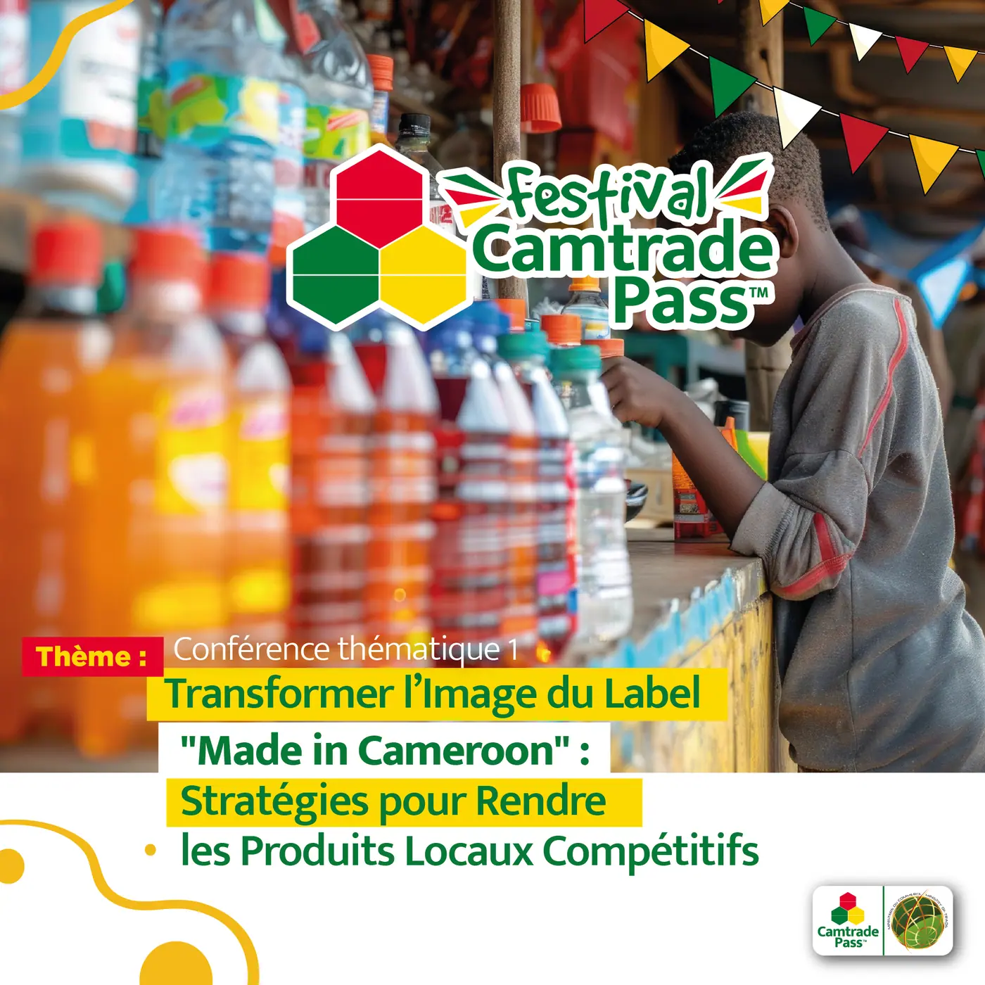 Visuel de conférence : un enfant devant un étal de boissons et de produits emballés.