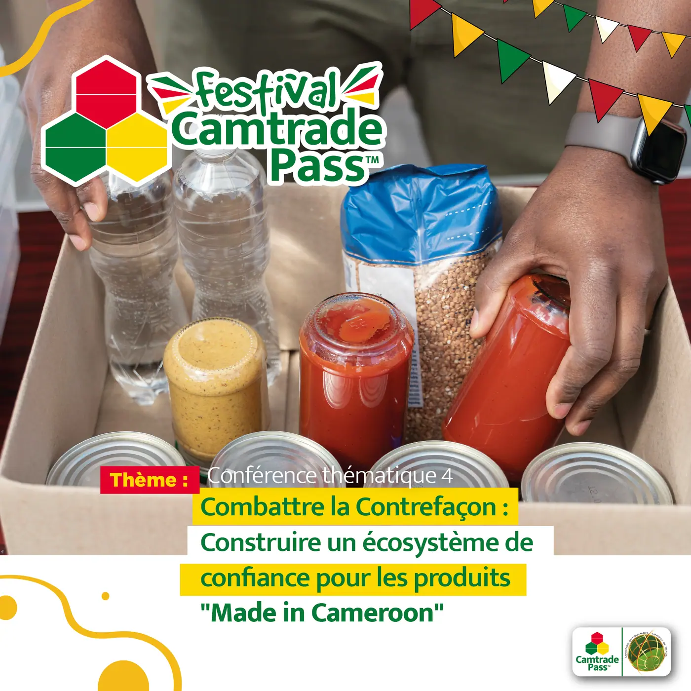 Visuel de conférence : des mains rangent des conserves, bocaux et bouteilles dans un carton.