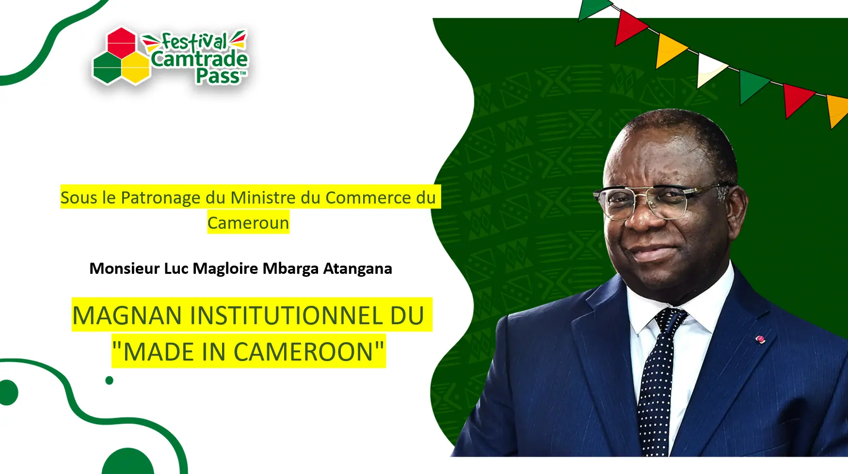 Flyer officiel annonçant le parrainage du Camtrade Pass Festival par le Ministre du Commerce du Cameroun.