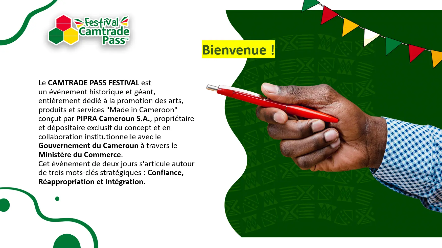 Flyer de présentation du Camtrade Pass Festival, décrivant un événement dédié aux arts, produits et services « Made in Cameroon ».