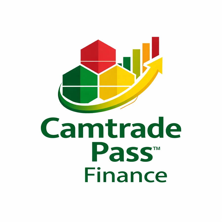 Logo Camtrade Pass™ Finance : les hexagones de la marque formant un histogramme ascendant traversé par une flèche jaune.