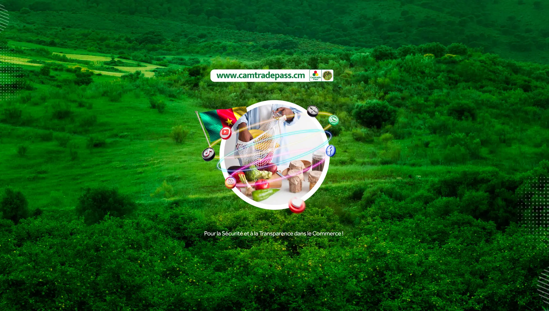 Fond d’écran officiel Camtrade Pass : paysage de collines camerounaises et médaillon de produits locaux.