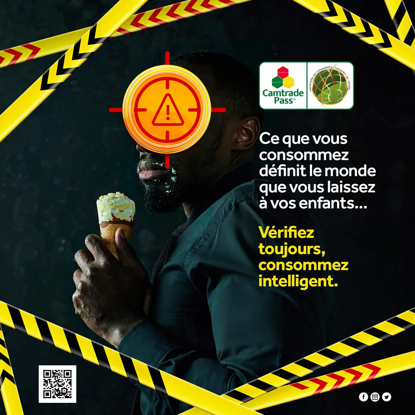 Affiche de campagne : une personne tenant une glace, le visage masqué par un pictogramme d’alerte.