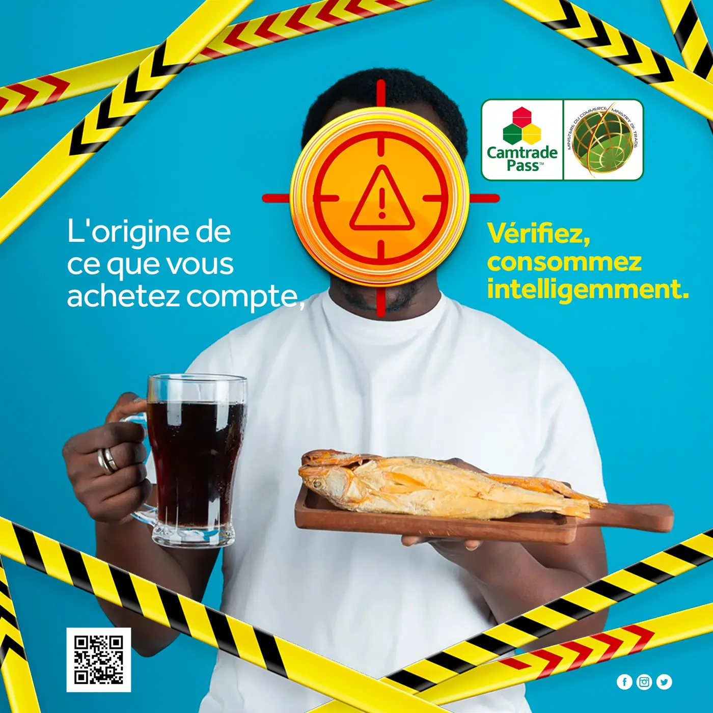 Affiche de campagne : une personne tenant un poisson fumé et un verre de boisson, le visage masqué par un pictogramme d’alerte, encadrée de rubans de signalisation.