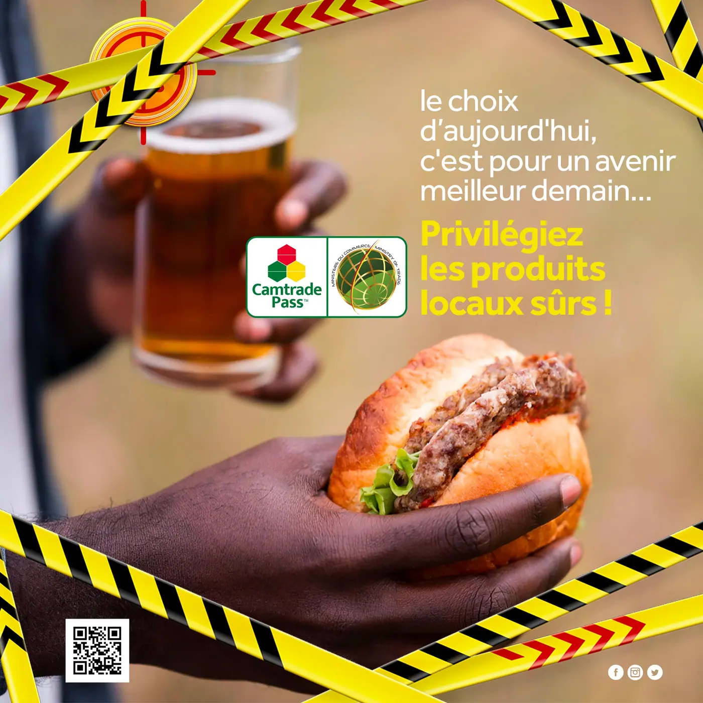 Affiche de campagne : une main tenant un sandwich et un verre, encadrée de rubans de signalisation.