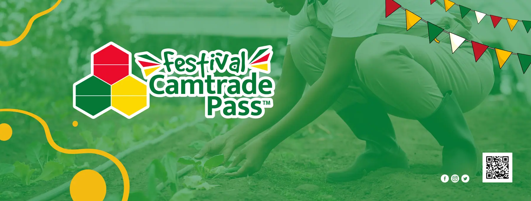 Bannière verte du Festival Camtrade Pass, sur une scène de maraîchage.