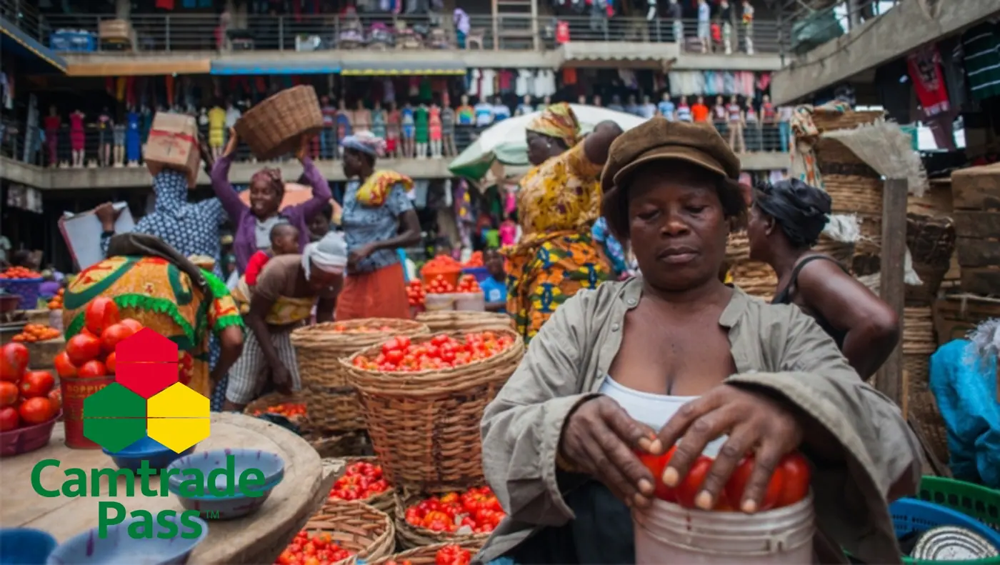 Une commerçante remplit un seau de tomates sur un marché, entourée de paniers en osier.