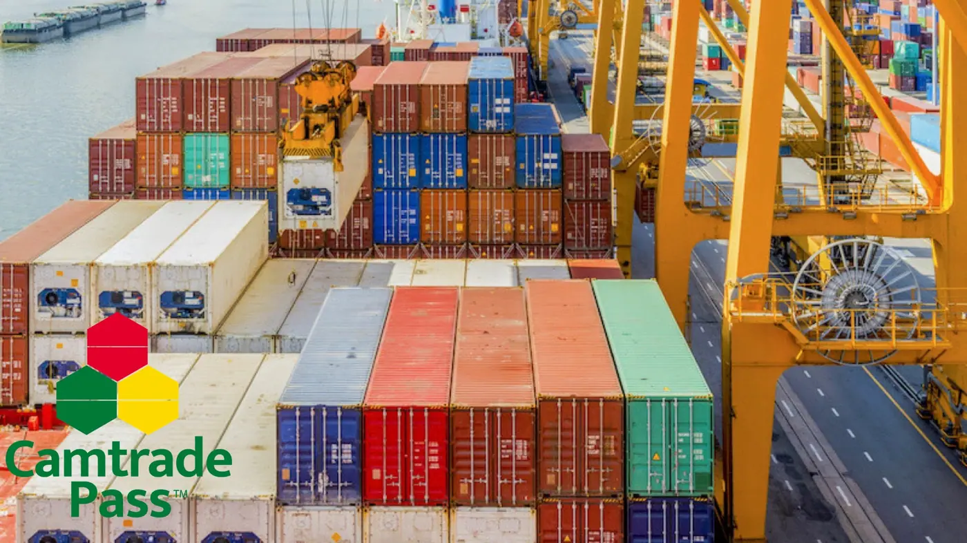 Vue aérienne d’un terminal portuaire : conteneurs empilés et portique de chargement.