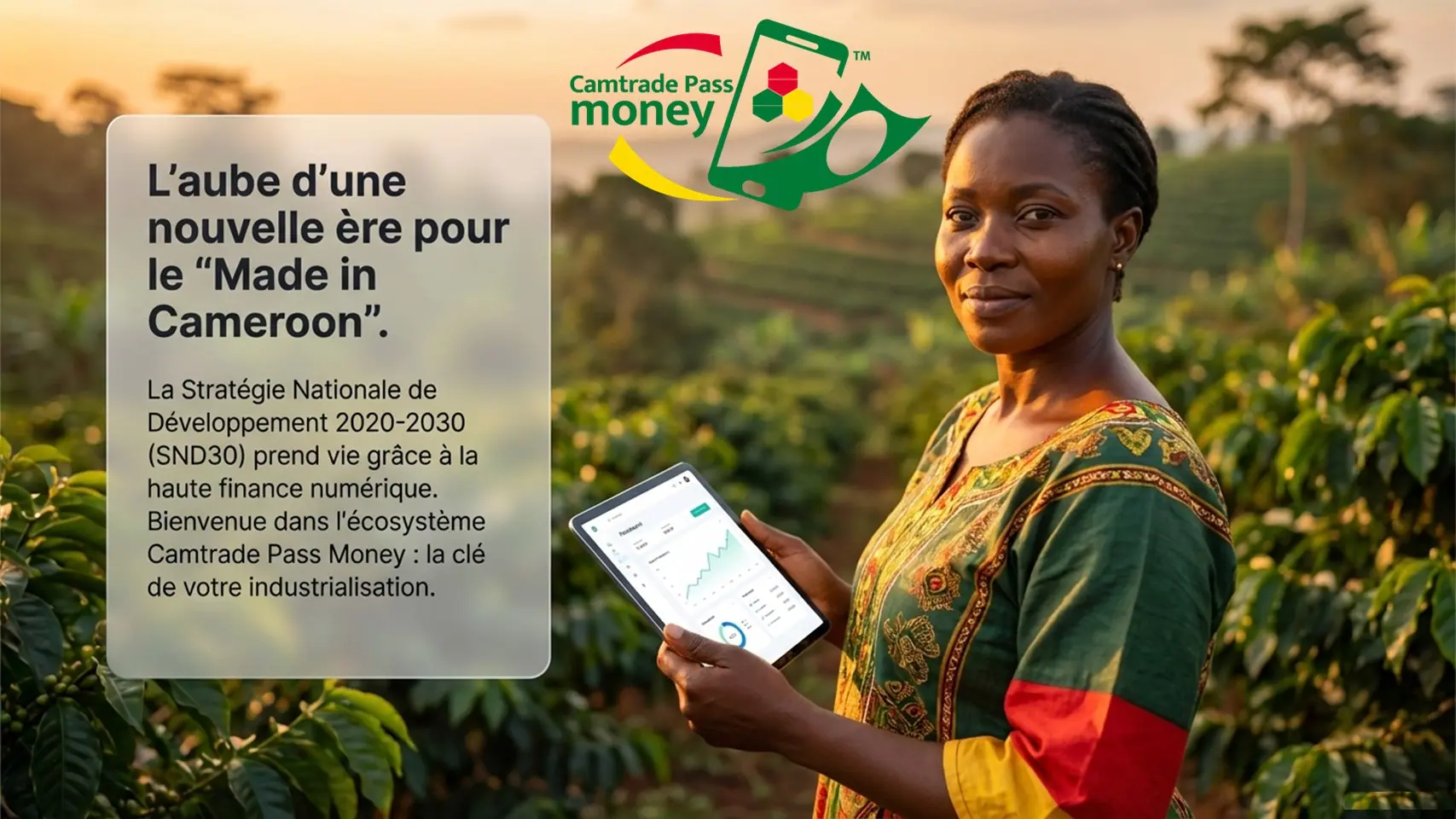 Slide 1 du deck Camtrade Pass Money : une productrice consulte une tablette dans une plantation.