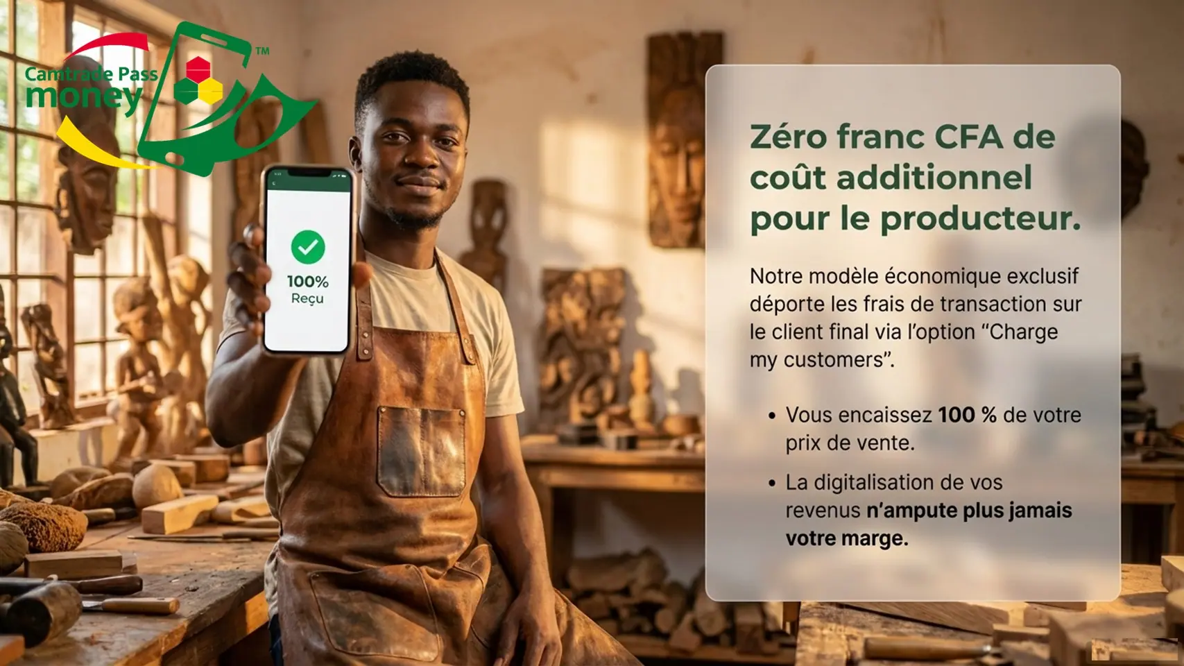 Slide 3 : un artisan sculpteur présente un téléphone affichant un paiement reçu à 100 %.