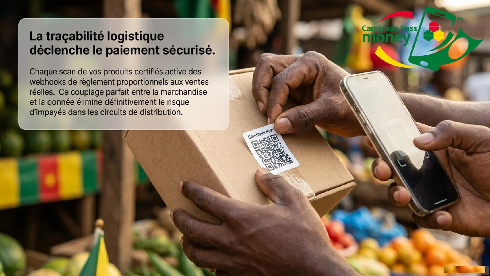 Slide 4 : un colis portant une étiquette QR Code Camtrade Pass est scanné avec un téléphone.