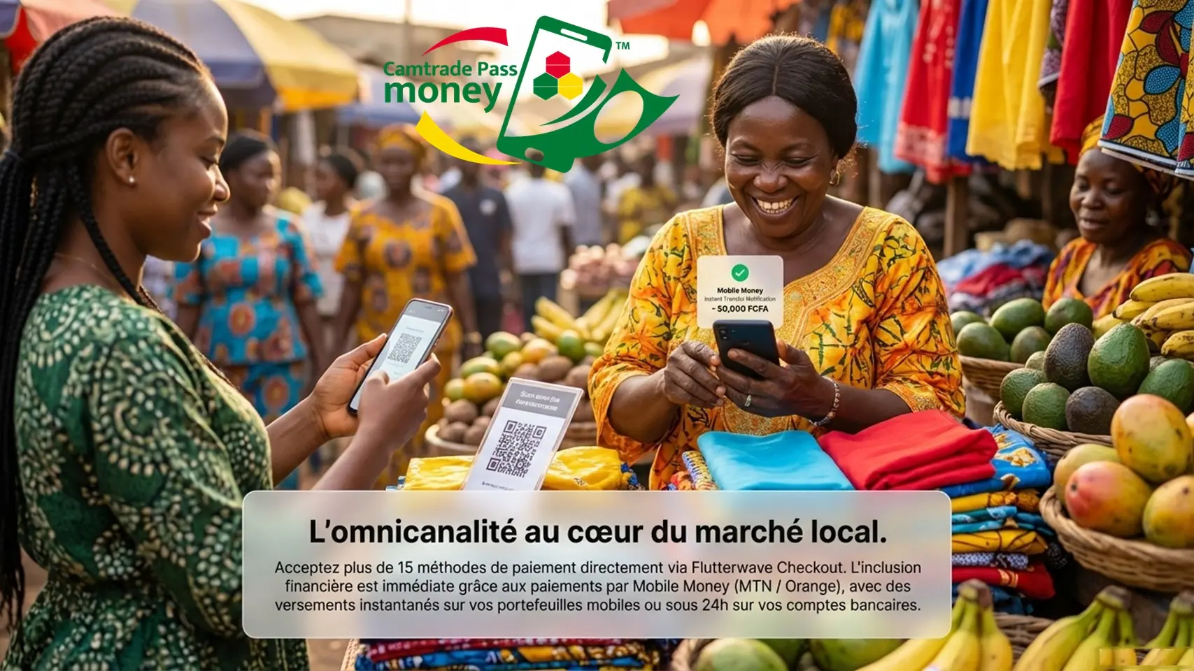 Slide 5 : deux commerçantes échangent un paiement mobile sur un marché de fruits.