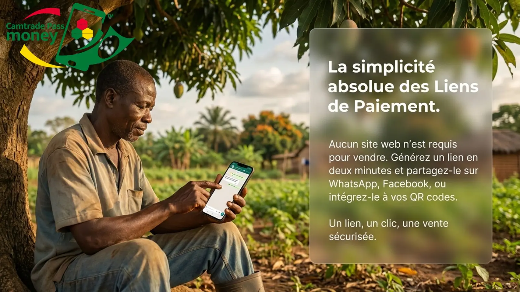 Slide 6 : un producteur consulte son téléphone à l’ombre d’un arbre, en bordure de champ.