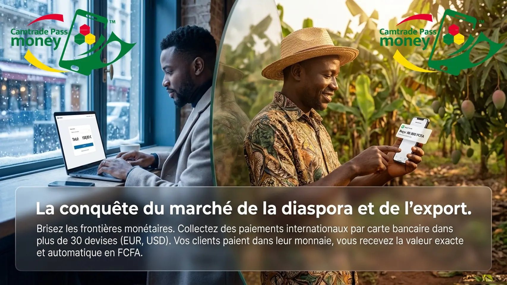 Slide 7 : à gauche un client de la diaspora sur un ordinateur portable, à droite un producteur au téléphone.
