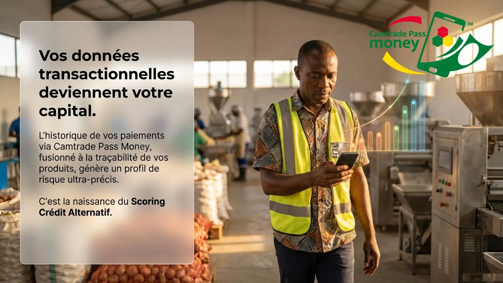 Slide 8 : un responsable en gilet de sécurité consulte un terminal dans un entrepôt de produits agricoles.