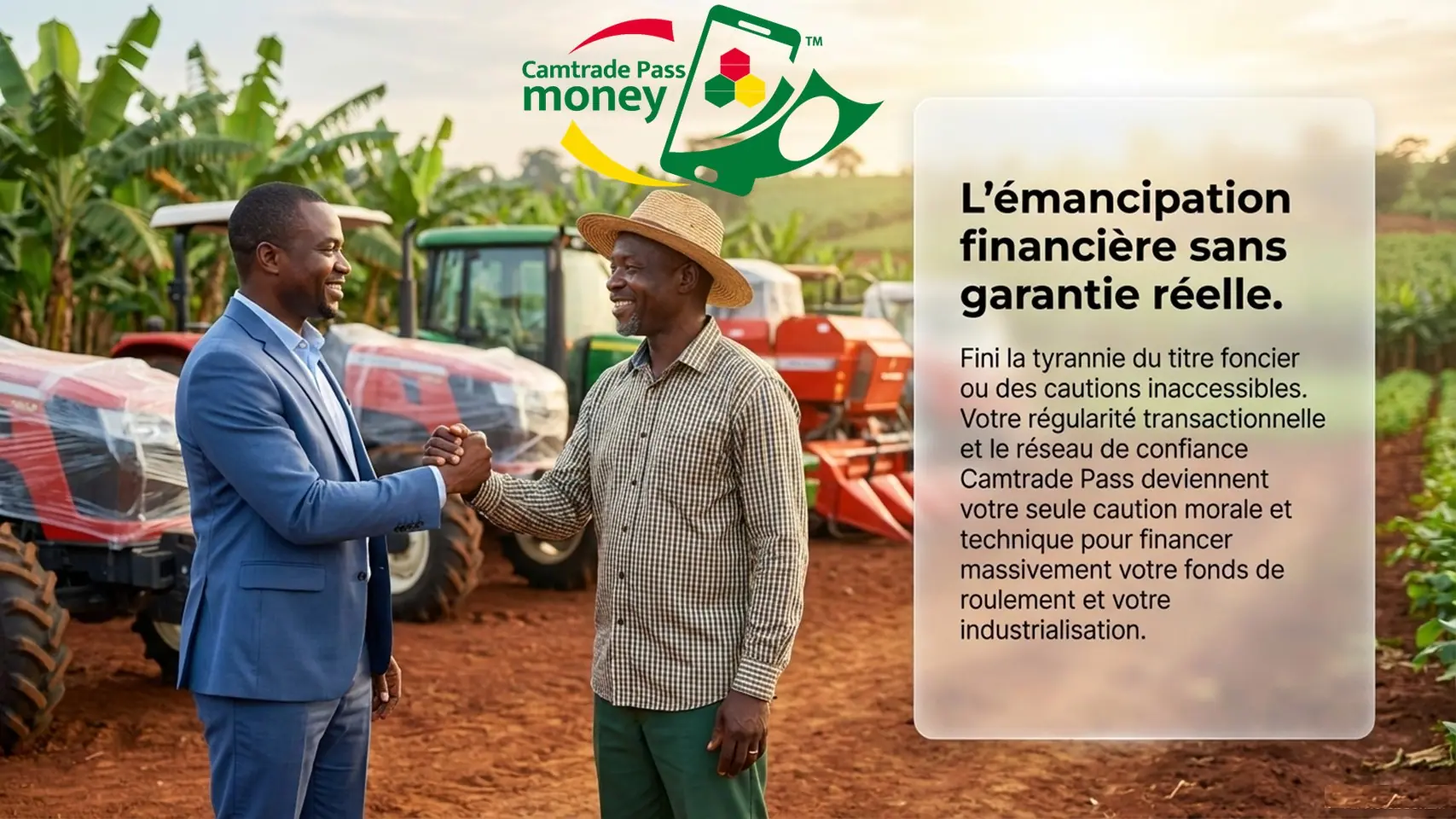Slide 9 : un conseiller et un agriculteur se serrent la main devant des tracteurs.