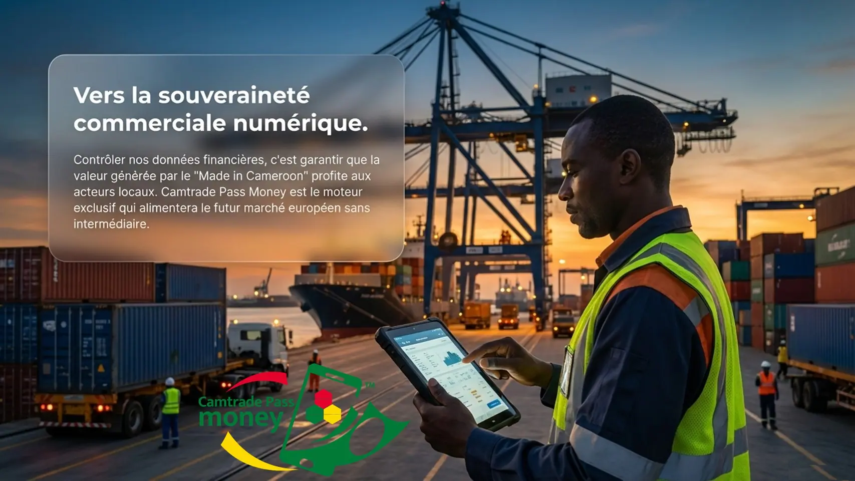 Slide 11 : un agent portuaire consulte une tablette devant des portiques à conteneurs.