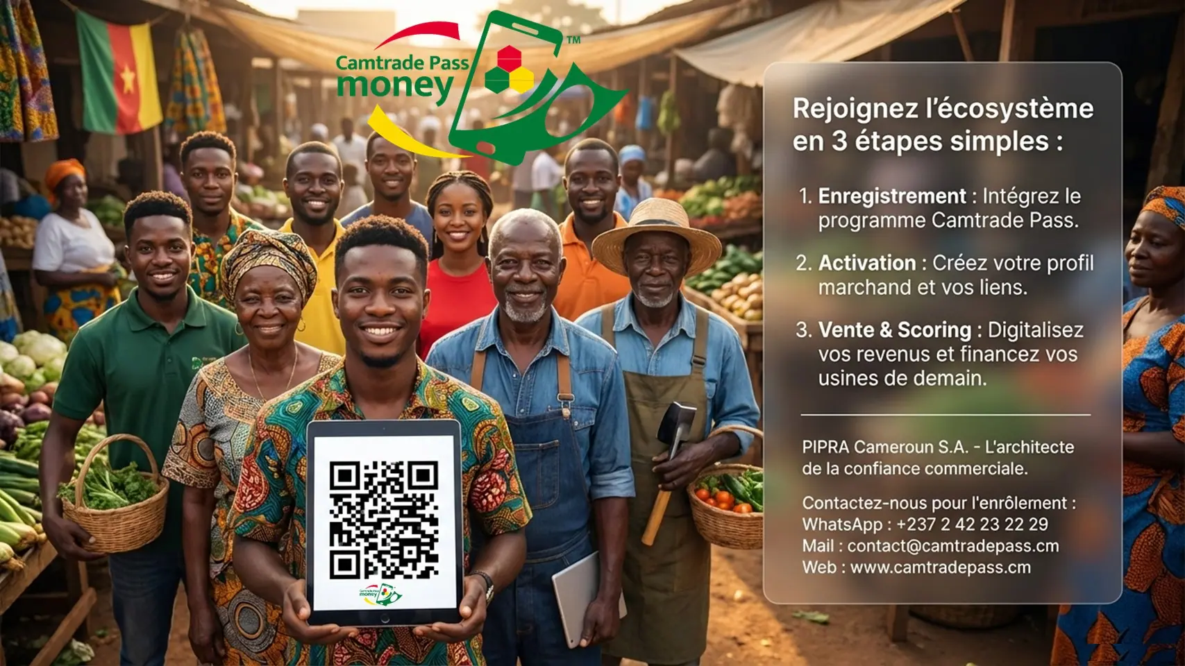 Slide 12 : un groupe de producteurs et de commerçants présente un QR Code Camtrade Pass.
